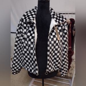 NWT, CHECKERED FAUX FUR BOMBER JACKET, VARIOUS SIZES